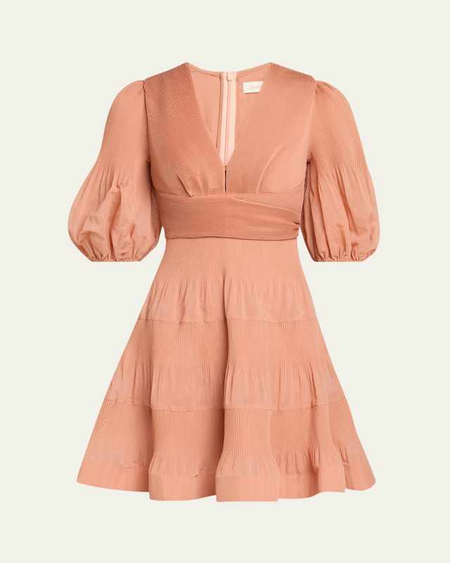 Pleated Puff-Sleeve Mini Dress